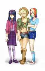 Size: 656x1024 | Tagged: applejack, artist:amanemiss, belly button, derpibooru import, humanized, rainbow dash, safe, trio, twilight sparkle