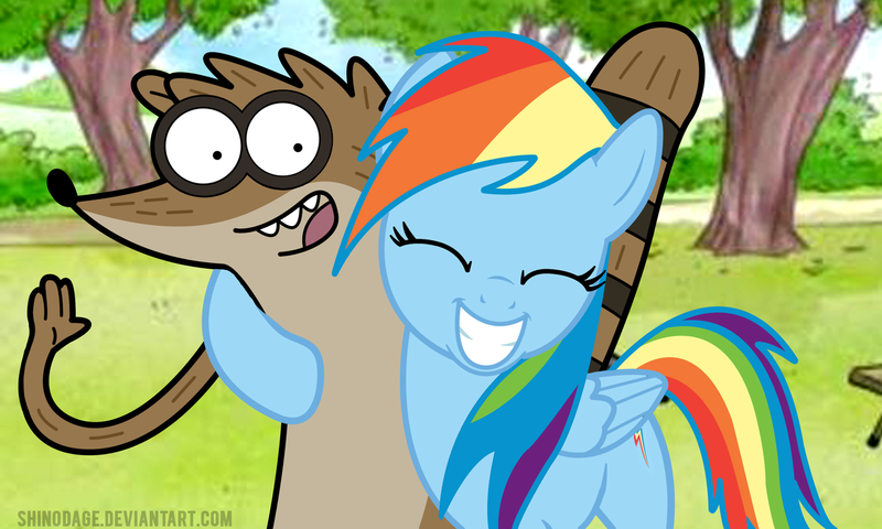 Size: 1280x768 | Tagged: safe, artist:shinodage, derpibooru import, rainbow dash, crossover, regular show, rigby