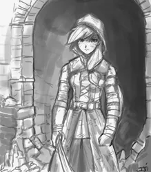 Size: 800x913 | Tagged: applejack, artist:johnjoseco, dark souls, derpibooru import, grayscale, human, humanized, monochrome, parody, safe, wanderer