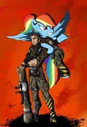 Size: 2038x3000 | Tagged: safe, artist:steptrool, derpibooru import, rainbow dash, human, pegasus, pony, axton, borderlands, borderlands 2, clothes, commando (borderlands 2), crossover, female, male, mare