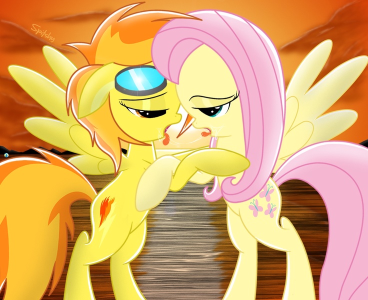 Size: 1566x1276 | Tagged: artist:spitshy, beach, derpibooru import, drool, female, fluttershy, kissing, lesbian, questionable, sloppy kissing, spitfire, spitshy, stupid sexy spitfire, sunset