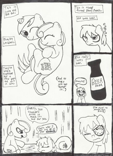 Size: 900x1238 | Tagged: safe, artist:mad-mutt, derpibooru import, berry punch, berryshine, bon bon, lyra heartstrings, sweetie drops, earth pony, pony, alcohol, beer, comic, female, lesbian, lyrabon, monochrome, shipping