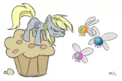 Size: 900x600 | Tagged: safe, artist:yikomega, derpibooru import, derpy hooves, parasprite, pegasus, pony, female, giant muffin, mare, muffin, protecting, simple background, that pony sure does love muffins, white background