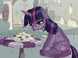 Size: 1100x813 | Tagged: safe, artist:starbat, derpibooru import, twilight sparkle, pony, unicorn, the ticket master, annoyed, daffodil and daisy sandwich, female, floppy ears, food, frown, glare, grumpy, looking at you, mare, rain, sandwich, scene interpretation, sitting, solo, stool, table, twilight is not amused, unamused, unicorn twilight, wet, wet mane