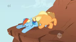 Size: 1344x756 | Tagged: applejack, crab pony, derpibooru import, ei, fall weather friends, great moments in animation, hubble, hub logo, rainbow dash, rope, safe, screencap, spiderjack, the hub, wat