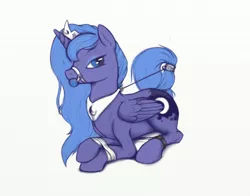 Size: 1280x1006 | Tagged: artist:rhythmlines, ballgag, bondage, derpibooru import, female, gag, princess luna, prone, raised tail, s1 luna, solo, solo female, spreader bar, suggestive