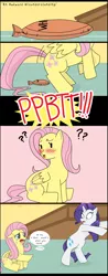 Size: 700x1785 | Tagged: safe, artist:teenbulma, derpibooru import, fluttershy, rarity, pegasus, pony, unicorn, blushing, comic, embarrassed, fart joke, fart noise, female, mare, prank, sweat, whoopie cushion, wide eyes