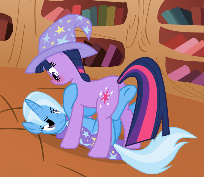 Size: 3461x3000 | Tagged: artist:the smiling pony, blushing, derpibooru import, edit, female, hat, hooves, lesbian, shipping, suggestive, trixie, trixie's cape, trixie's hat, twilight sparkle, twixie