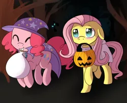 Size: 1280x1034 | Tagged: safe, artist:darkaiya, derpibooru import, fluttershy, pinkie pie, trixie, earth pony, pegasus, pony, ask snuggle pie, ask sombershy, blushing, cape, clothes, costume, cute, duo, eyes closed, female, floppy ears, halloween, hat, holiday, mare, mouth hold, nightmare night, pumpkin bucket, trixie's cape, trixie's hat