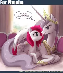 Size: 800x927 | Tagged: dead source, suggestive, artist:johnjoseco, derpibooru import, princess celestia, oc, oc:phoe, alicorn, pegasus, pony, ask princess molestia, equestria daily, princess molestia, canon x oc, eye contact, female, lesbian, licking, looking at each other, mare, not sure if want, tongue out