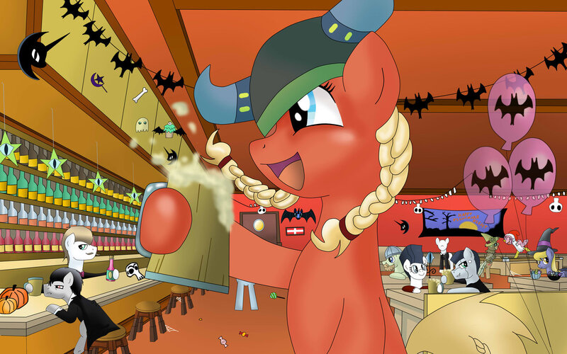 Size: 1280x800 | Tagged: applejack, artist:edowaado, balloon, cider, crossover, derpibooru import, pinkie pie, ponified, safe, slenderman