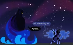 Size: 1600x1000 | Tagged: safe, artist:anarchemitis, derpibooru import, nightmare moon, alicorn, pony, crossover, cucumber quest, duo, ethereal mane, female, hoof shoes, mare, nightmare knight, similarities, space, speech bubble, starry backdrop, starry mane, xk-class end-of-the-world scenario