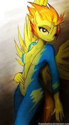 Size: 501x900 | Tagged: anthro, artist:foxinshadow, breasts, cleavage, derpibooru import, female, sexy, sinfully sexy, solo, solo female, spitfire, suggestive, undressing, wonderbolts uniform