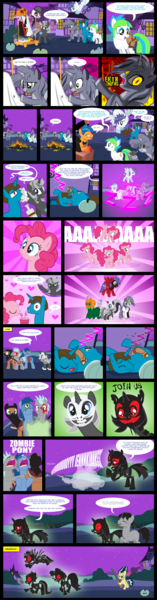 Size: 2340x8964 | Tagged: apple bloom, artist:trotsworth, chloroform, comic, derpibooru import, double barreled shotgun, gun, oc, oc:grey hoof, pinkie pie, running, safe, shotgun, story of the blanks, wat, weapon, zombie