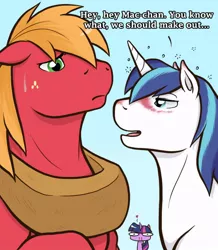 Size: 500x574 | Tagged: suggestive, artist:redhotkick, derpibooru import, big macintosh, shining armor, twilight sparkle, earth pony, pony, ask big red macintosh, blushing, drunk, frown, fujoshi, gay, heart, male, nosebleed, not gay, shiningmac, shipping, shipping denied, smiling, squens, stallion, sweat, talking