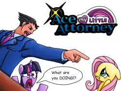 Size: 900x675 | Tagged: safe, artist:rambopvp, derpibooru import, fluttershy, twilight sparkle, human, ace attorney, crossover, phoenix wright, turnabout storm