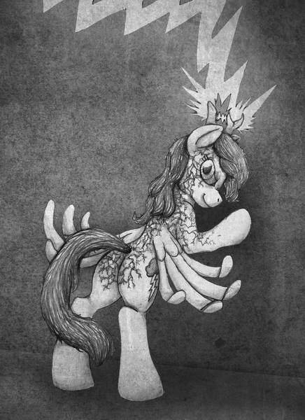 Size: 1667x2292 | Tagged: artist:aisu-isme, creepy ponies, derpibooru import, grayscale, lightning, monochrome, oc, oc:lightning dee, plot, safe, solo, troll, unofficial characters only