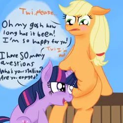 Size: 1200x1200 | Tagged: applebetes, applefat, applejack, artist:cosmonaut, chubby, cute, derpibooru import, fat, jackabetes, miscommunication, mistake, mistaken pregnancy, misunderstanding, not pregnant, safe, squishy belly, twiabetes, twilight sparkle