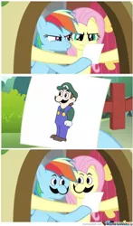 Size: 440x750 | Tagged: artist:ethanthomas-me-me-me, derpibooru import, edit, face swap, fluttershy, luigi, meme, note meme, rainbow dash, safe, weegee