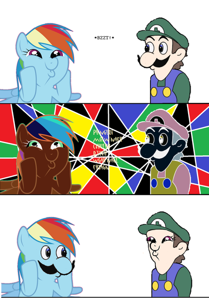 Size: 680x970 | Tagged: comic, dashface, derpibooru import, face swap, rainbow dash, role reversal, safe, wat, weegee