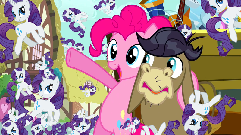 Size: 1280x720 | Tagged: safe, artist:capnpea, derpibooru import, edit, edited screencap, screencap, cranky doodle donkey, pinkie pie, rarity, donkey, earth pony, pony, unicorn, a friend in deed, commonity, fimbriae, multeity, ponyville, self ponidox, stock vector, x x everywhere