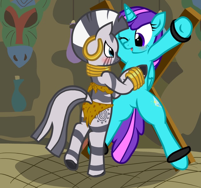 Size: 3893x3652 | Tagged: questionable, artist:pyruvate, derpibooru import, zecora, oc, alicorn, pony, semi-anthro, zebra, alicorn oc, blushing, bondage, bondage cross, bondage furniture, canon x oc, female, lesbian, loincloth, spread eagle, tickling