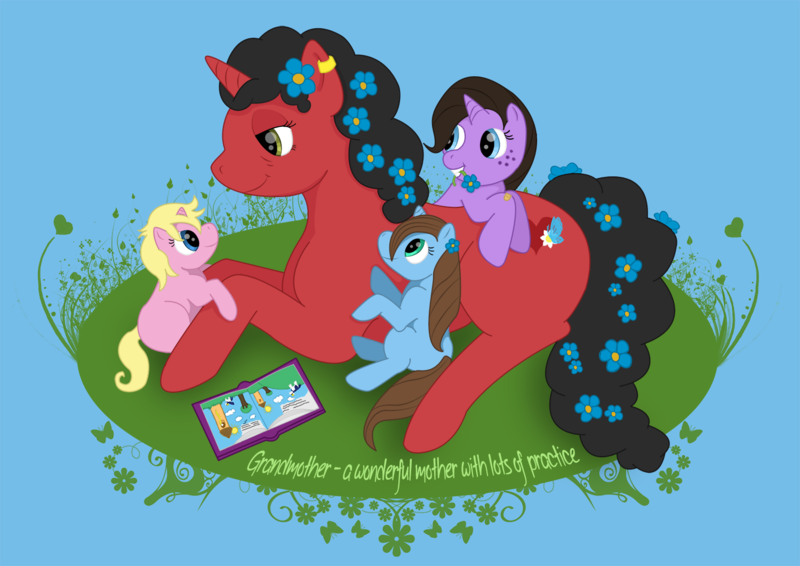 Size: 1500x1062 | Tagged: safe, artist:sailboatsandpirates, derpibooru import, oc, unofficial characters only, pony, unicorn, book, cute, family, flower, flower in hair, flower in mouth, foal, grin, hug, leaning, mouth hold, prone, smiling