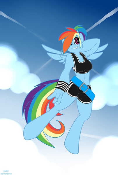 Size: 800x1186 | Tagged: safe, artist:muzz, derpibooru import, rainbow dash, anthro, breasts, cleavage, female, midriff