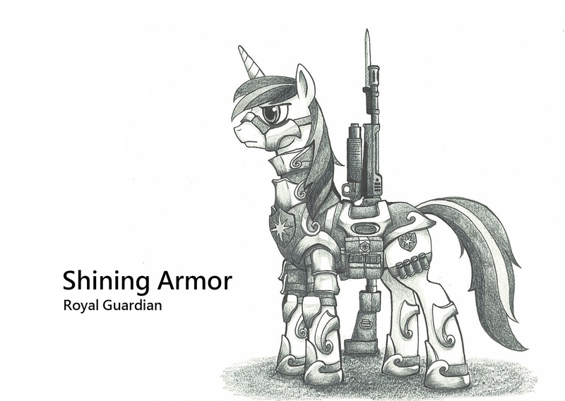 Size: 1748x1240 | Tagged: armor, artist:george5408, bayonet, derpibooru import, gun, monochrome, rifle, royal guard, safe, shining armor, weapon