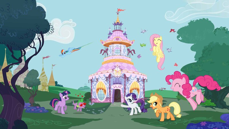 Size: 2400x1350 | Tagged: safe, derpibooru import, official, applejack, fluttershy, pinkie pie, rainbow dash, rarity, spike, twilight sparkle, bird, butterfly, dragon, earth pony, pony, unicorn, carousel boutique, female, flying, heart, heart eyes, male, mane seven, mare, ponyville, pronking, songbird, unicorn twilight, wingding eyes