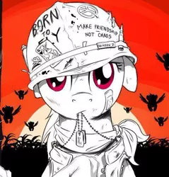 Size: 500x523 | Tagged: safe, artist:doomy, derpibooru import, princess celestia, rainbow dash, pegasus, pony, apocalypse now, armor, army, badass, bandaid, bandana, born to x, bullet, clothes, crossover, determined, dog tags, female, floppy ears, flying, full metal jacket, helmet, lineart, mare, mouth hold, partial color, peace symbol, photo, playing card, sketch, solo focus, spread wings, sunset, vietnam, vietnam war, war, wings
