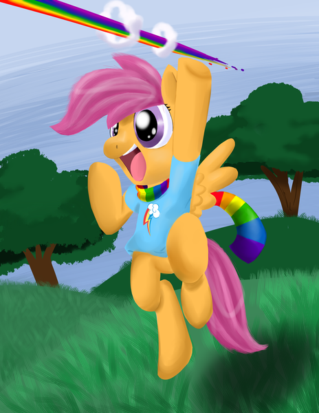 Size: 1275x1650 | Tagged: artist:zanezandell, clothes, derpibooru import, safe, scarf, scootaloo, shirt