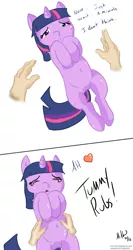 Size: 800x1500 | Tagged: artist:makoruu, belly button, bellyrubs, blushing, derpibooru import, hand, human, on back, suggestive, twilight sparkle