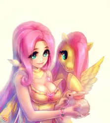 Size: 1071x1200 | Tagged: safe, artist:e-x-p-i-e, derpibooru import, fluttershy, pony, rabbit, breasts, busty fluttershy, cleavage, cute, female, human ponidox, humanized, shyabetes