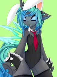 Size: 1200x1600 | Tagged: artist:rainbowscreen, bunny ears, bunny suit, changeling, changeling oc, changeling queen, changeling queen oc, clothes, cufflinks, cuffs (clothes), dead source, derpibooru import, female, green background, leotard, necktie, oc, oc:jewel, playboy bunny, semi-anthro, simple background, solo, solo female, suggestive, unofficial characters only