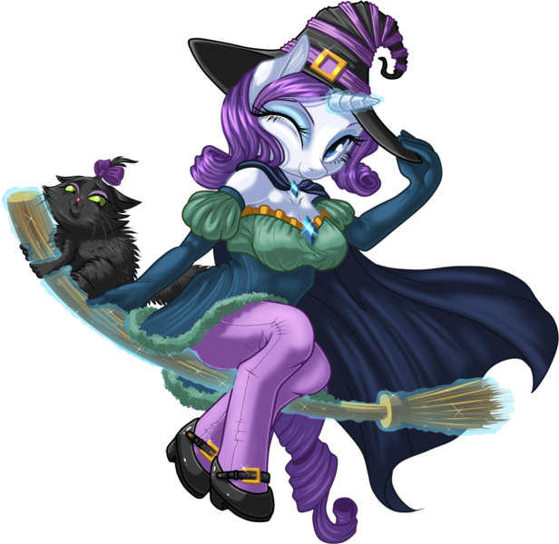 Size: 1146x1117 | Tagged: anthro, artist:kittehkatbar, broom, cap, cape, clothes, costume, derpibooru import, dress, flying, flying broomstick, hat, hooves, levitation, magic, mary janes, opalescence, rarity, safe, shoes, simple background, sitting, smiling, stockings, telekinesis, transparent background, unguligrade anthro, wink, witch, witch hat