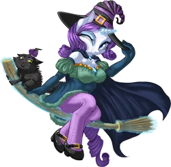 Size: 1146x1117 | Tagged: anthro, artist:kittehkatbar, broom, cap, cape, clothes, costume, derpibooru import, dress, flying, flying broomstick, hat, hooves, levitation, magic, mary janes, opalescence, rarity, safe, shoes, simple background, sitting, smiling, stockings, telekinesis, transparent background, unguligrade anthro, wink, witch, witch hat