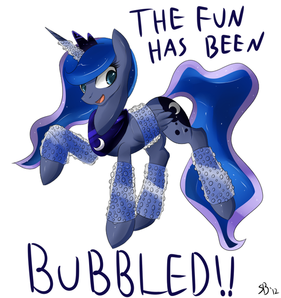 Size: 662x700 | Tagged: artist:mrstufflebeam, bound wings, bubble wrap, derpibooru import, princess luna, pun, raised hoof, safe, simple background, solo, the fun has been bubbled, the fun has been doubled