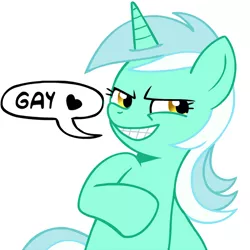 Size: 600x600 | Tagged: safe, derpibooru import, edit, lyra heartstrings, pony, unicorn, dialogue, evil grin, ew gay, female, grin, mare, reaction image, simple background, smiling, smirk, subverted meme, white background