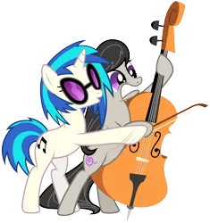 Size: 4880x5200 | Tagged: safe, artist:yanoda, derpibooru import, edit, octavia melody, vinyl scratch, earth pony, pony, unicorn, absurd resolution, accessory-less edit, bipedal, cello, cutie mark, female, hooves, horn, mare, missing accessory, musical instrument, simple background, sunglasses, teeth, transparent background, vector