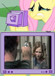 Size: 561x771 | Tagged: safe, derpibooru import, fluttershy, pony, exploitable meme, fluttercry, gun, meme, revolver, rick grimes, spoilers for another series, the walking dead, tv meme