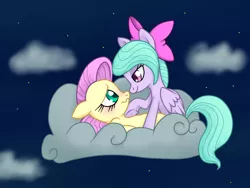 Size: 1024x768 | Tagged: artist:lucyspicystrawberry, bedroom eyes, blushing, cloud, cloudy, crack shipping, derpibooru import, female, flitter, flittershy, fluttershy, hair bow, kabedon, lesbian, pinned, shipping, suggestive, wavy mouth