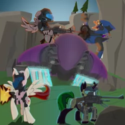 Size: 1600x1600 | Tagged: grimdark, artist:xeno-scorpion-alien, derpibooru import, oc, oc:akira, oc:stormy, alicorn, pony, sangheili, alicorn oc, armor, blood, crossover, death, fight, gun, halo (series), purple blood, sniper