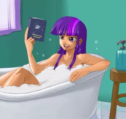 Size: 1280x1207 | Tagged: safe, artist:johnjoseco, artist:kevinsano, color edit, derpibooru import, edit, twilight sparkle, human, armpits, bath, bathtub, book, bubble bath, colored, female, humanized, nudity, solo, strategically covered