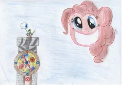 Size: 3489x2441 | Tagged: artist:baalthazzar, clock tower, crossover, derpibooru import, link, moon, parody, pinkie pie, safe, smiling, the legend of zelda, the legend of zelda: majora's mask, traditional art