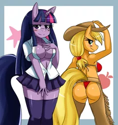 Size: 1846x1963 | Tagged: anthro, applebutt, applejack, artist:ss2sonic, ass, assless chaps, bicolor swimsuit, bikini, breasts, busty twilight sparkle, chaps, clothes, derpibooru import, duo, duo female, female, looking at you, looking back, open clothes, open shirt, red swimsuit, schoolgirl, school uniform, string bikini, suggestive, swimsuit, thong swimsuit, twilight sparkle