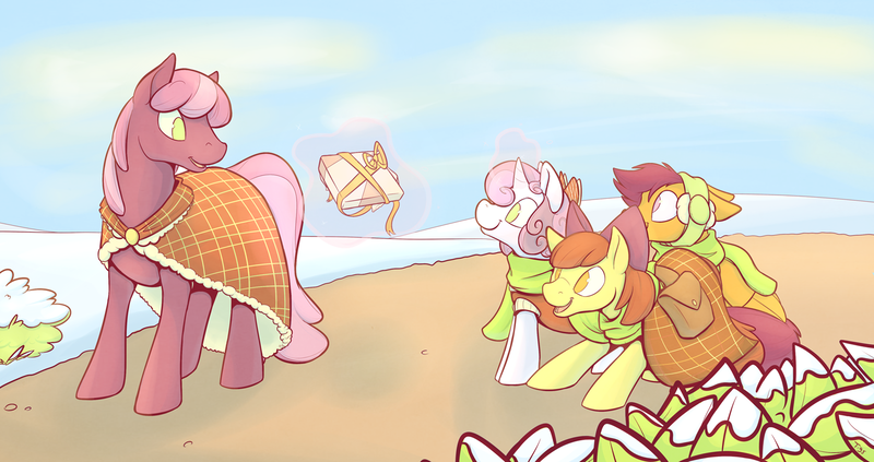 Size: 1417x749 | Tagged: safe, artist:tigs, derpibooru import, apple bloom, cheerilee, scootaloo, sweetie belle, cape, clothes, cutie mark crusaders, gift giving, no pupils, present, scarf, snow, winter