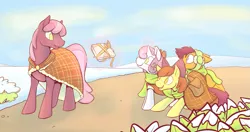 Size: 1417x749 | Tagged: safe, artist:tigs, derpibooru import, apple bloom, cheerilee, scootaloo, sweetie belle, cape, clothes, cutie mark crusaders, gift giving, no pupils, present, scarf, snow, winter
