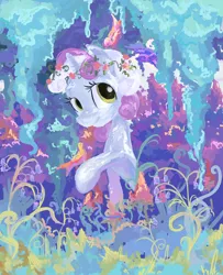 Size: 2000x2467 | Tagged: safe, artist:my-magic-dream, derpibooru import, sweetie belle, unicorn, female, filly, floral head wreath, flower, looking at you, mare, one hoof raised, solo