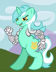 Size: 471x600 | Tagged: safe, artist:spacewolfomega, derpibooru import, lyra heartstrings, pony, amputee, artificial hands, augmented, bipedal, hand, implied amputation, solo